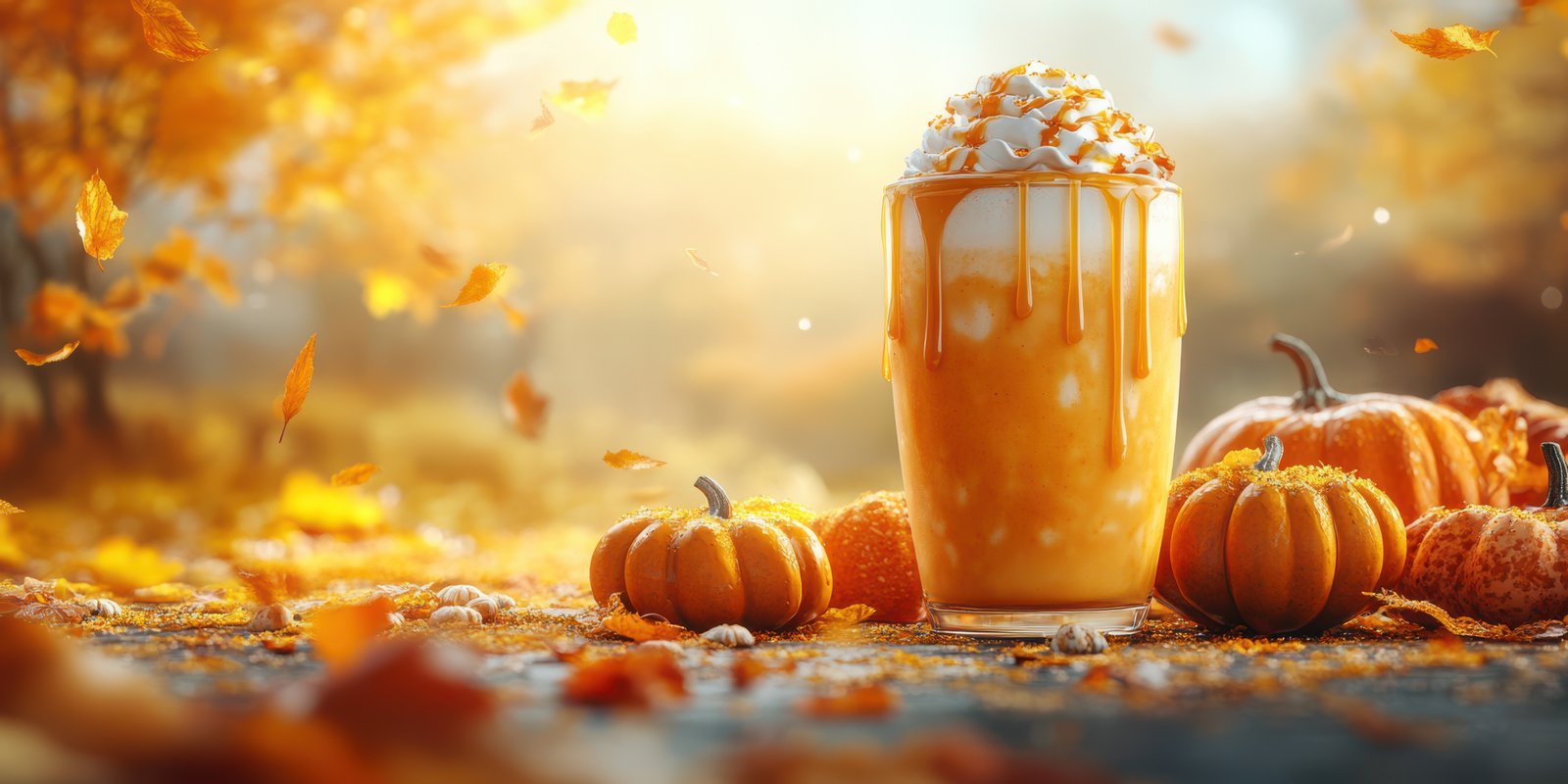 Delicious seasonal pumpkin shake surrounded by autumn leaves and small pumpkins in a sunlit outdoor setting